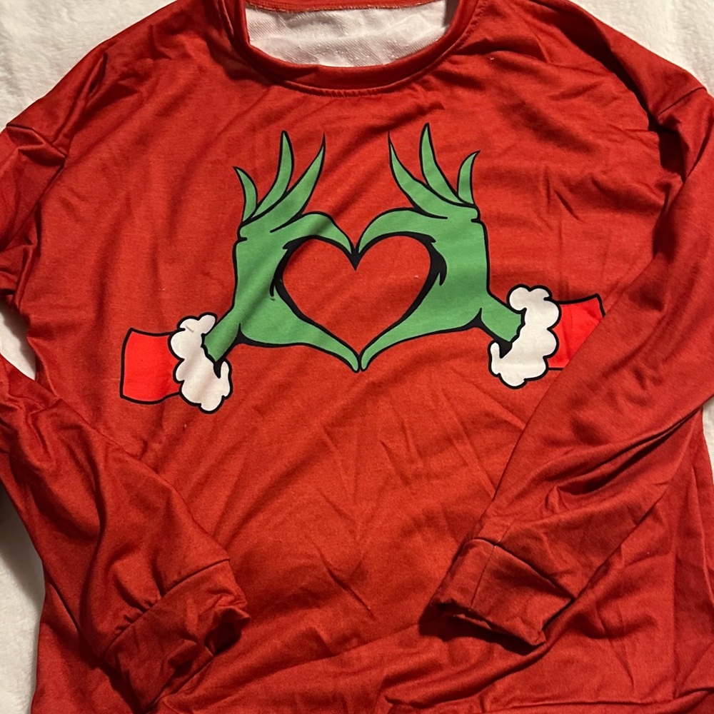 Red Long Sleeve Shirt with Green Heart Hands